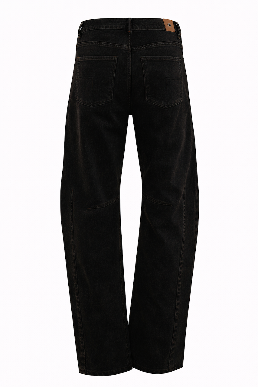 achterzijde barrel fit jeans zwart met deelnaden ter hoogte van de knieholtes