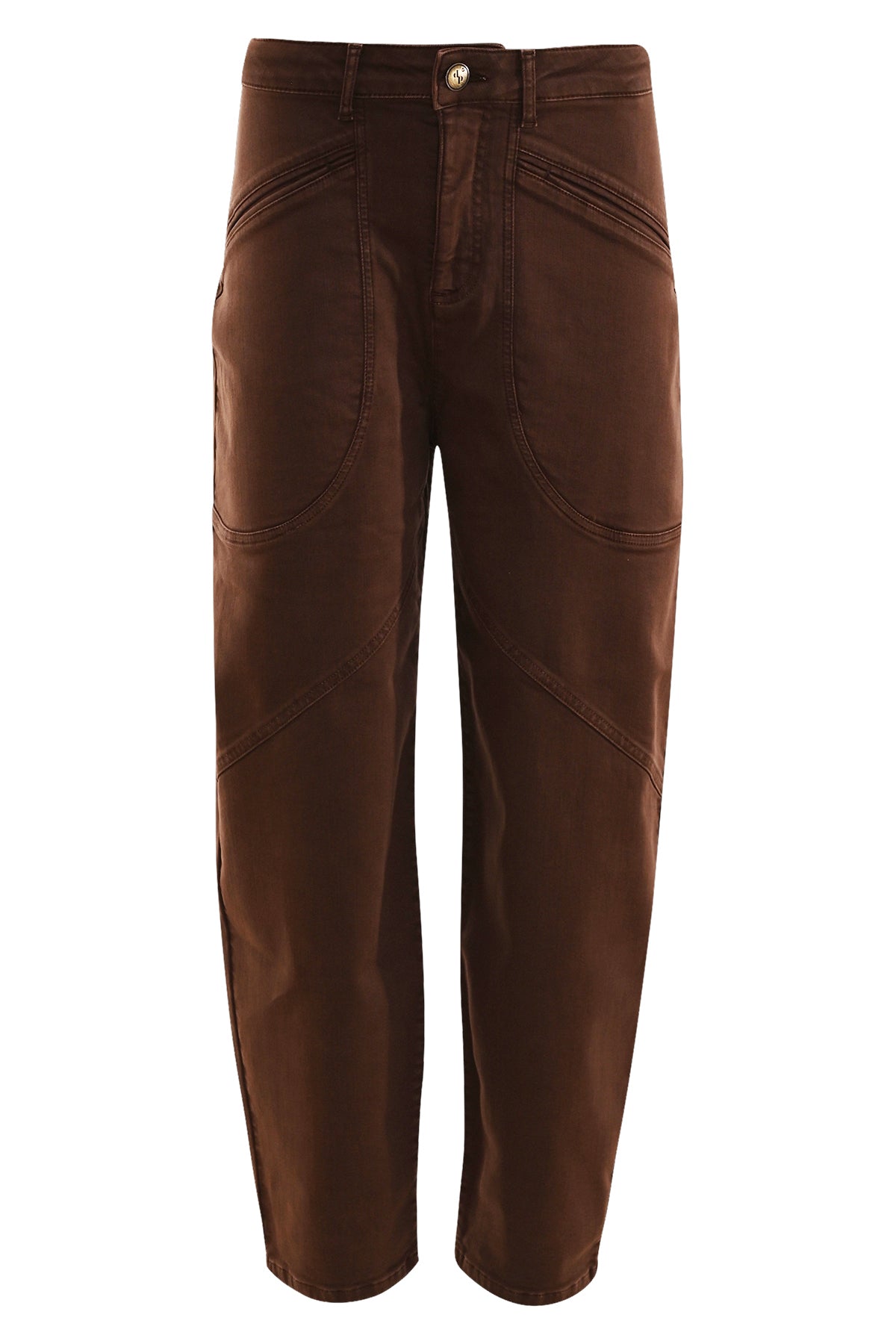 vooraanzicht bella bruin barrel fit damesjeans met schuin ingezette steekzakken
