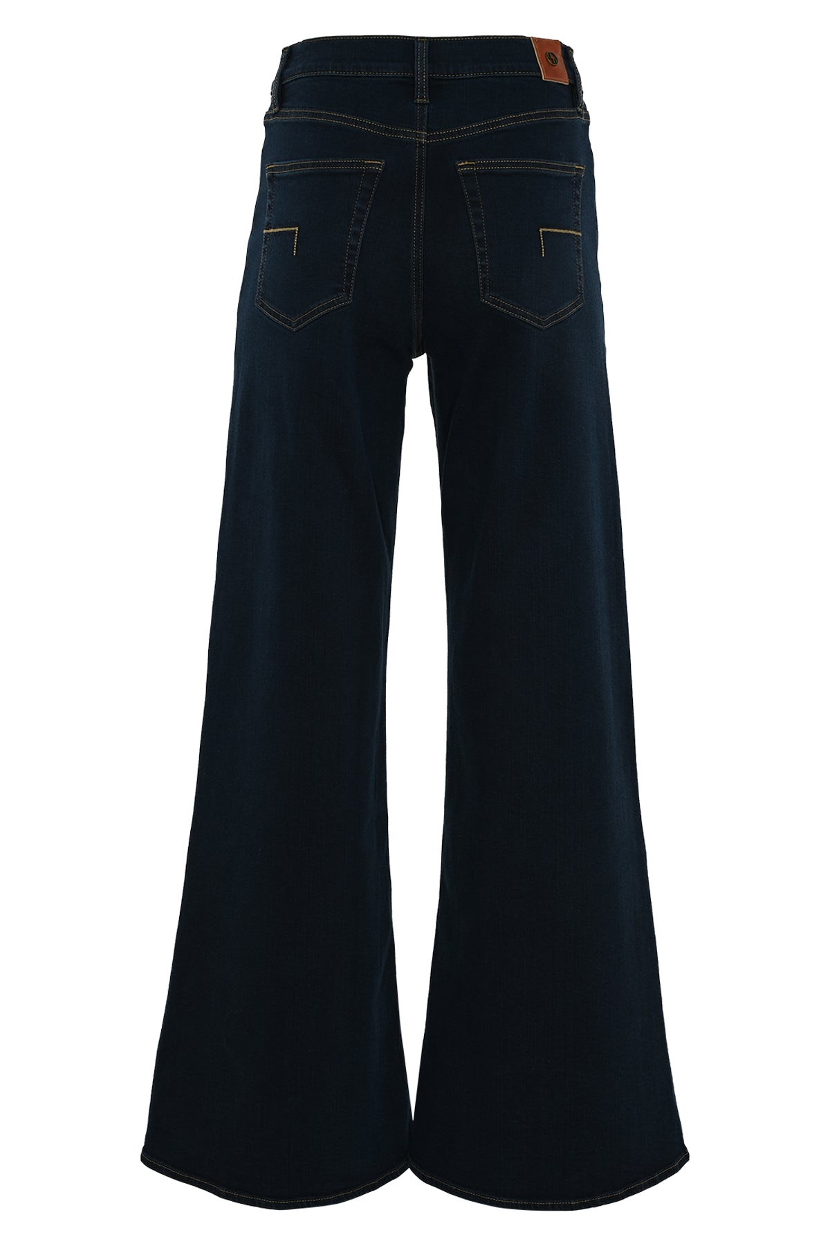 achterkant van de frankie donkerblauwe damesjeans met kenmerkende dnm pure achterzakken